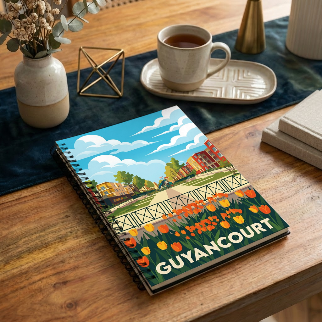 Carnet souvenir de la ville de Guyancourt avec une illustration stylisée.