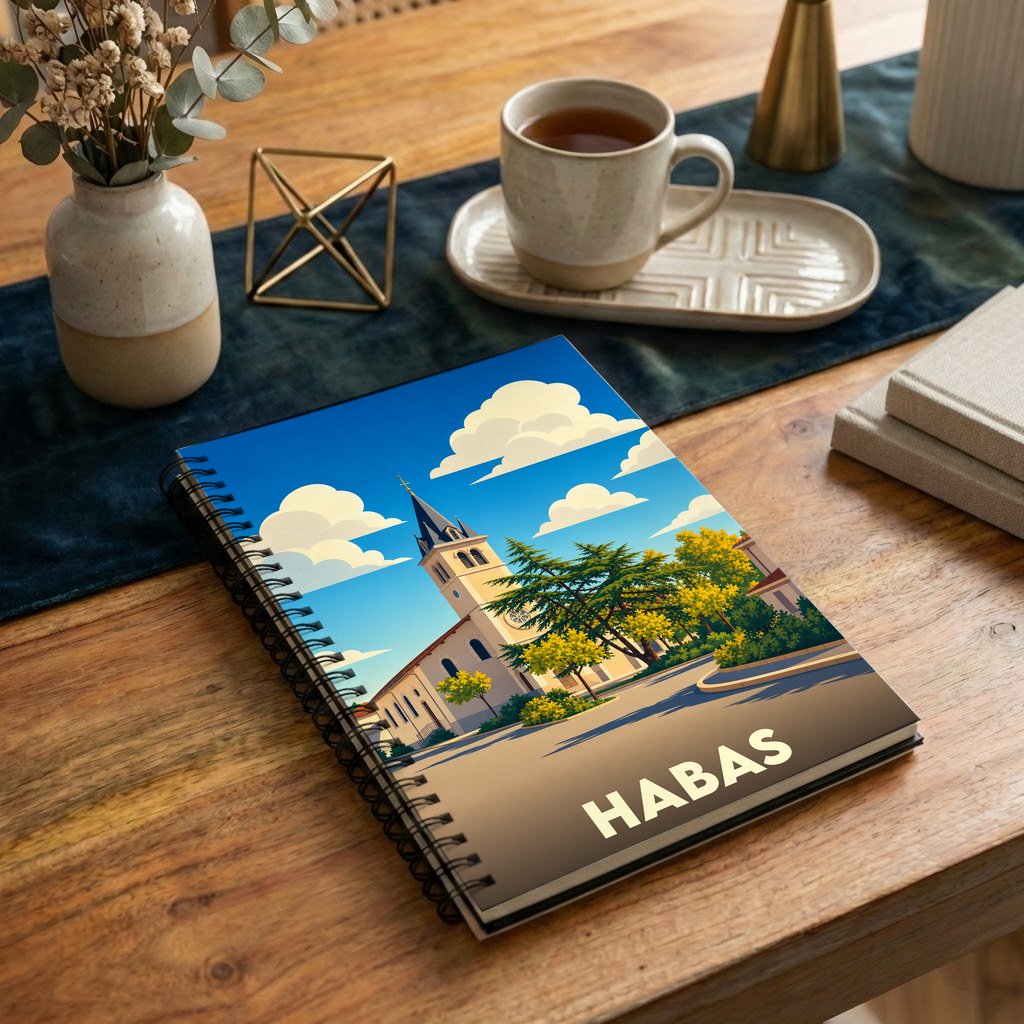 Carnet souvenir de la ville de Habas avec une illustration stylisée de son église sous un ciel azur.