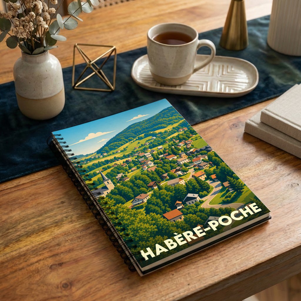Carnet à spirales souvenir de la ville de Habère-Poche avec une illustration stylisée de son paysage vallonné.