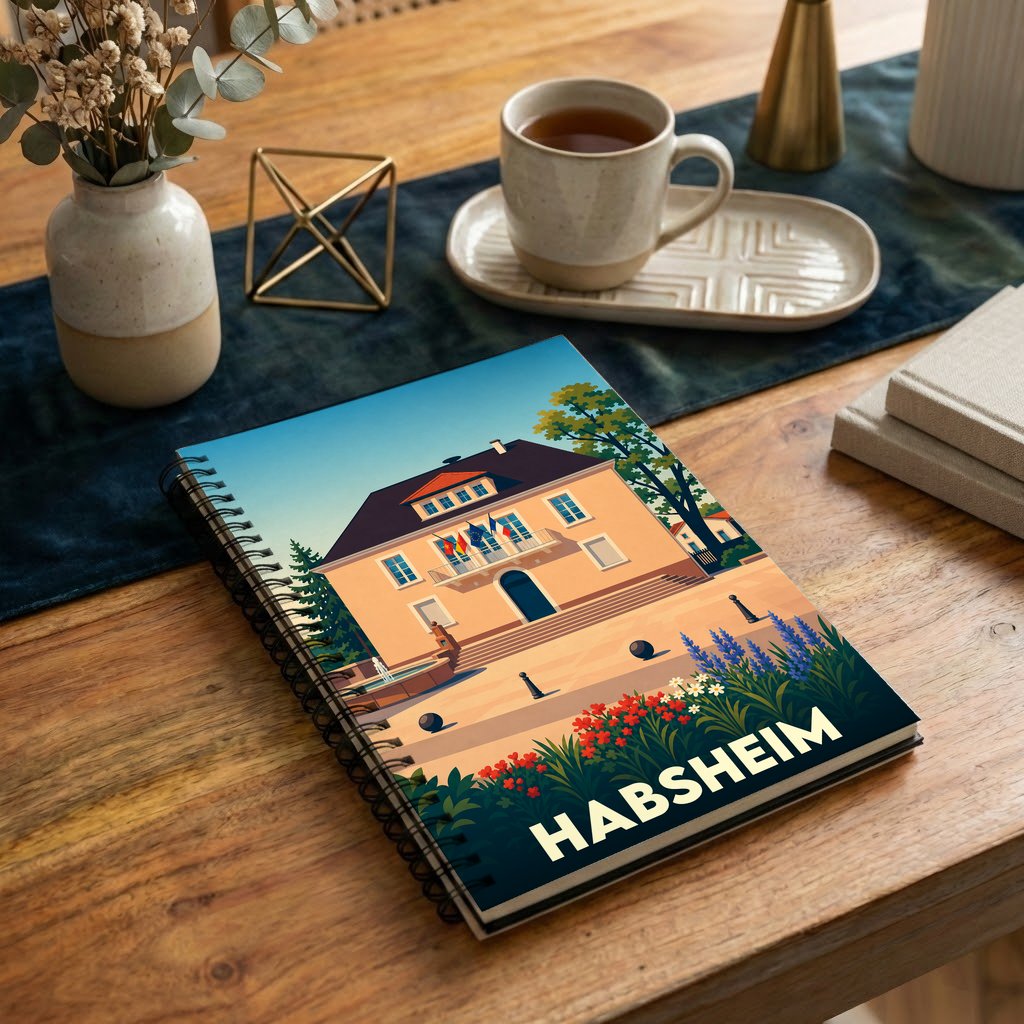 Carnet à spirale souvenir de la ville de Habsheim avec une illustration stylisée de son hôtel de ville.