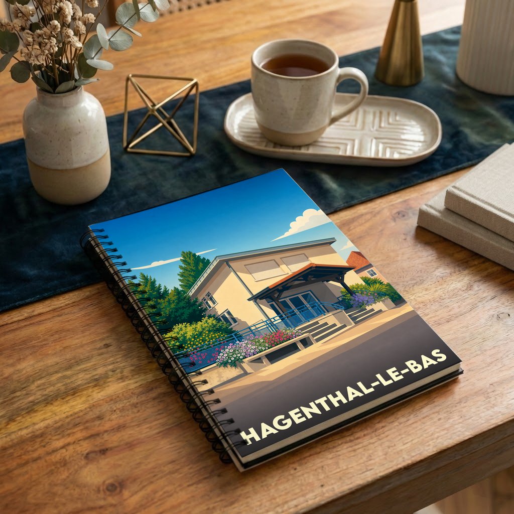 Carnet de notes souvenir de la ville de Hagenthal-le-Bas avec une illustration stylisée.