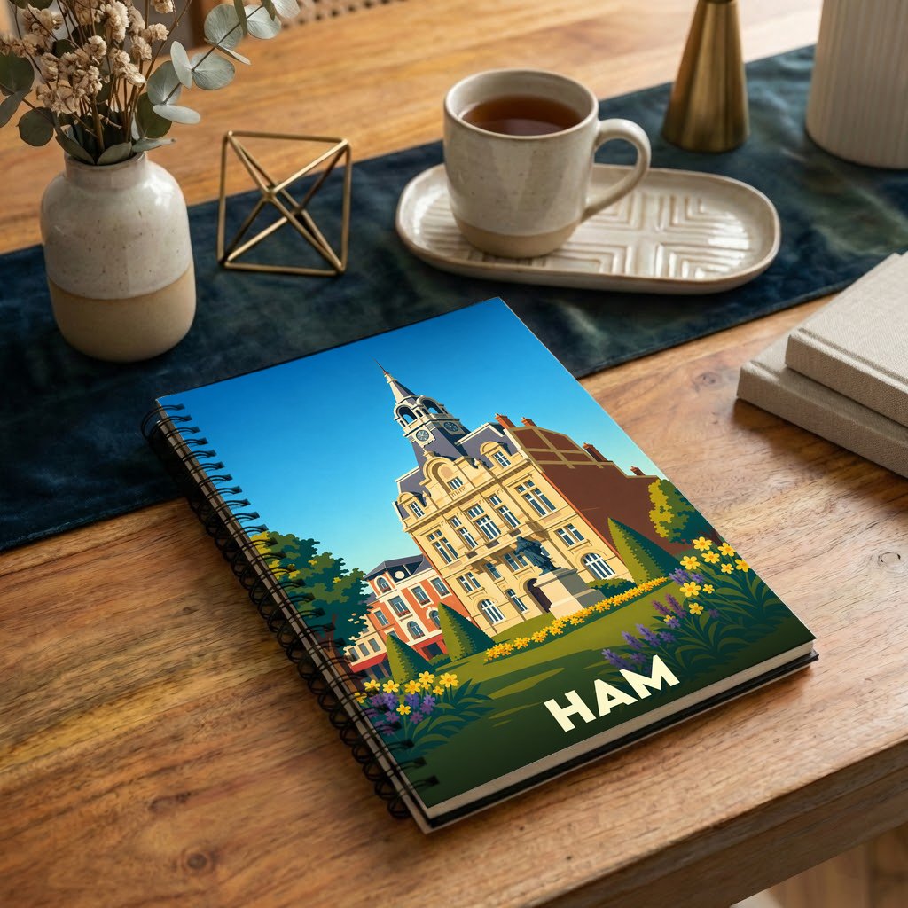 Carnet souvenir de la ville de Ham avec une illustration stylisée de l'hôtel de ville.