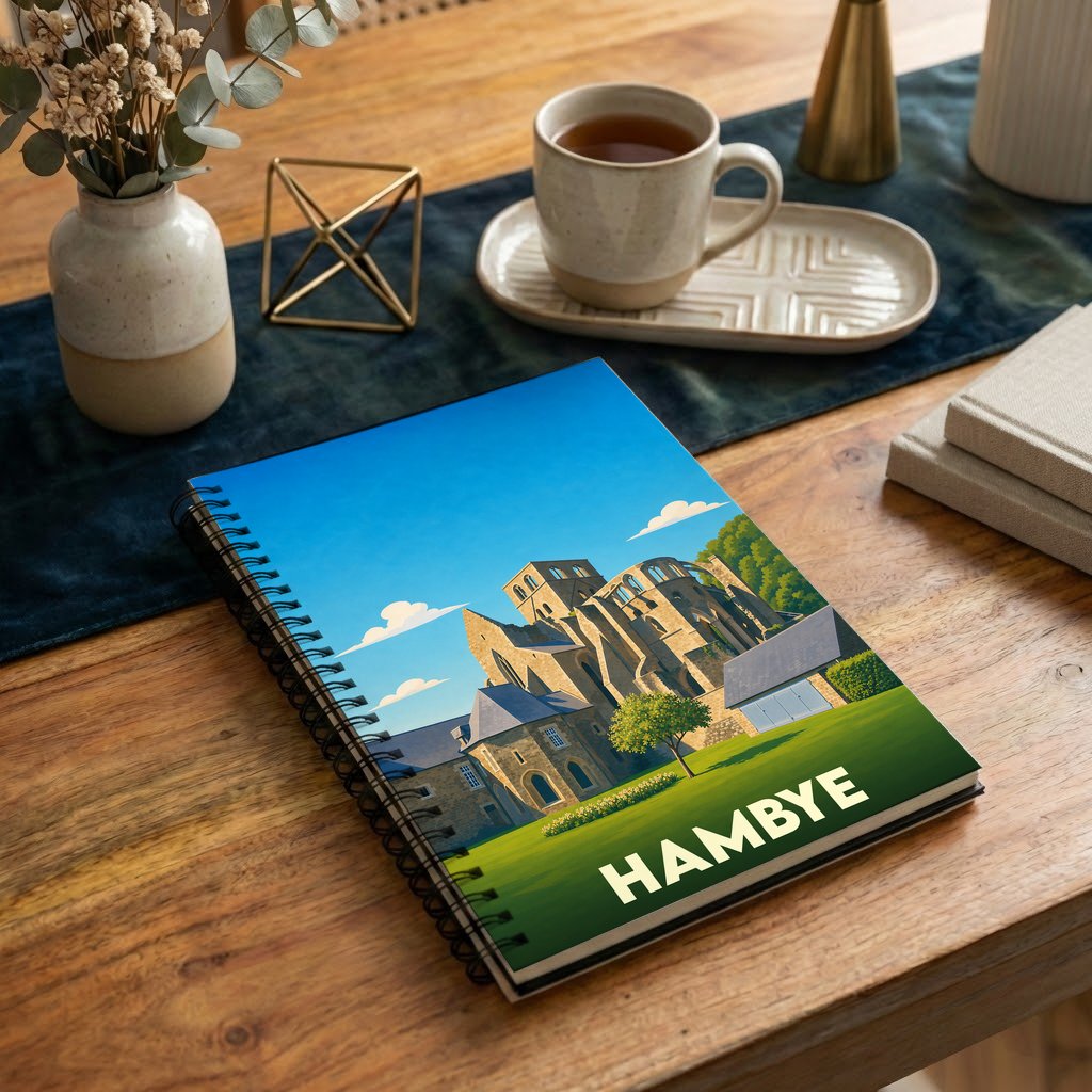 Carnet souvenir de la ville de Hambye orné d'une illustration stylisée de son abbaye.