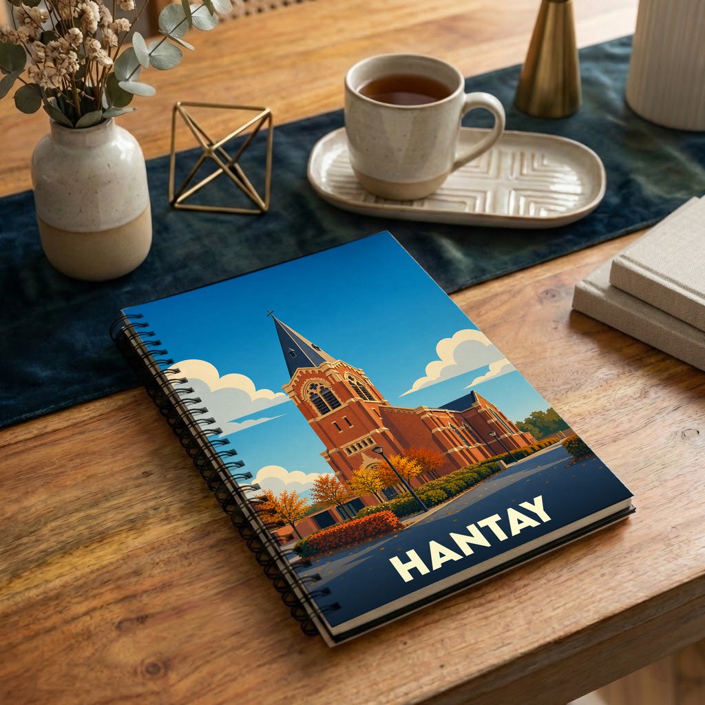 Carnet souvenir de la ville de Hantay avec une illustration stylisée de son église sous un ciel bleu.