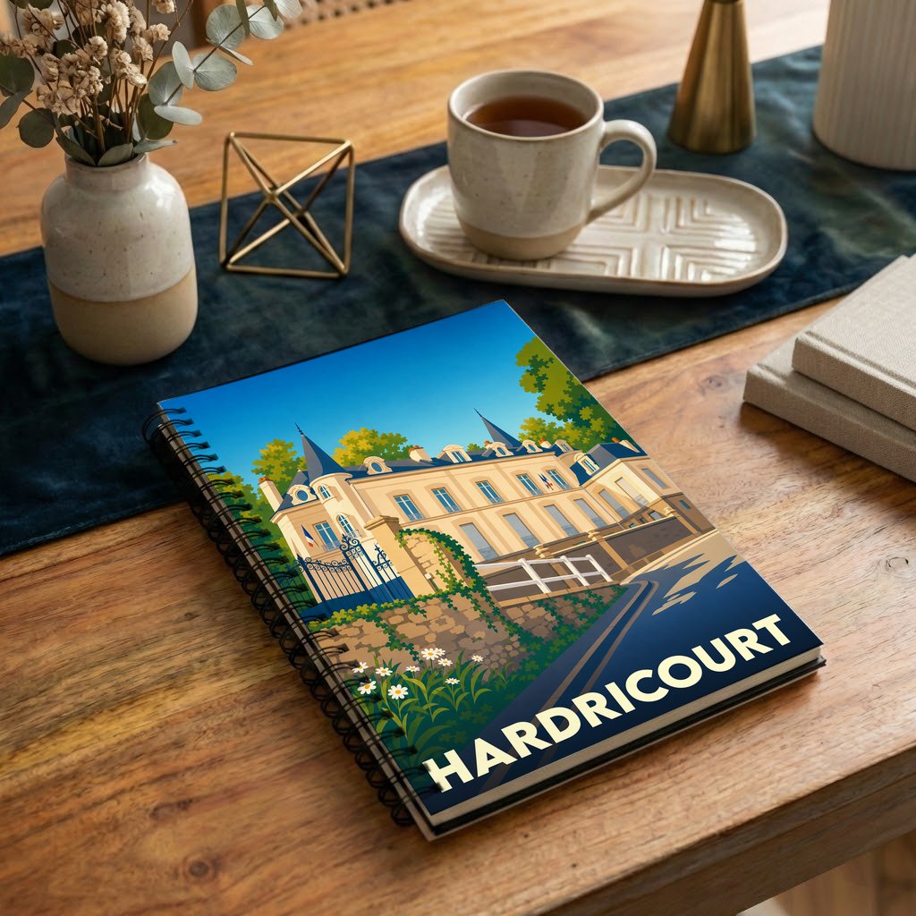 Carnet à spirales souvenir de la ville de Hardricourt avec une illustration stylisée de son château.