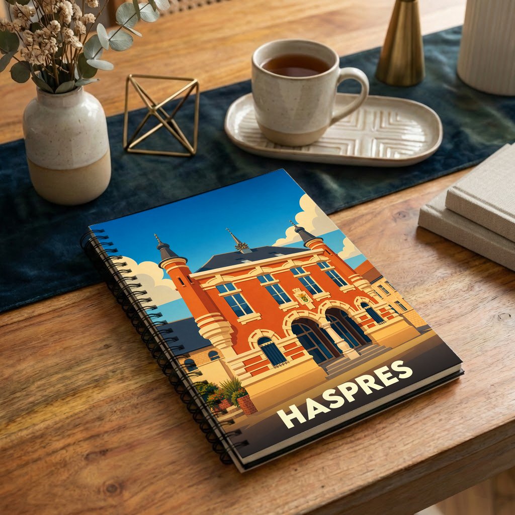 Carnet de notes souvenir de la ville de Haspres avec une illustration stylisée de son hôtel de ville.