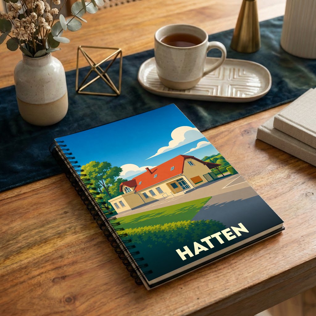 Carnet à spirales souvenir de la ville de Hatten avec une illustration stylisée.