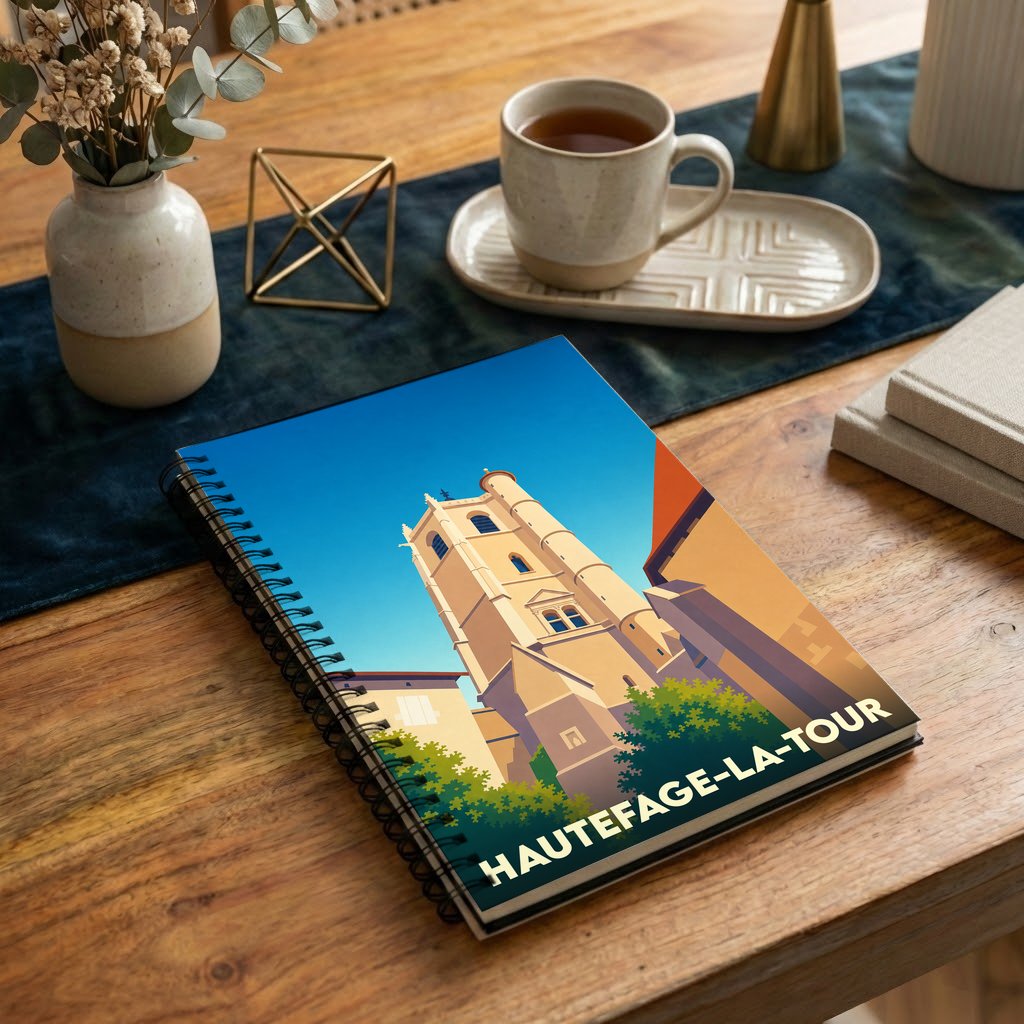 Carnet souvenir de la ville de Hautefage-la-Tour avec une illustration stylisée de sa tour médiévale.