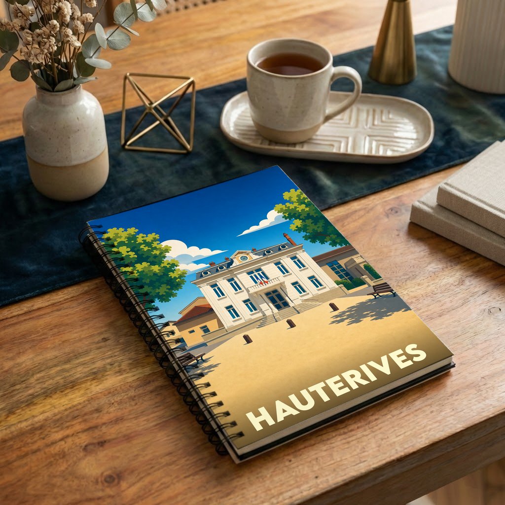 Carnet souvenir de la ville de Hauterives avec une illustration stylisée de sa mairie.