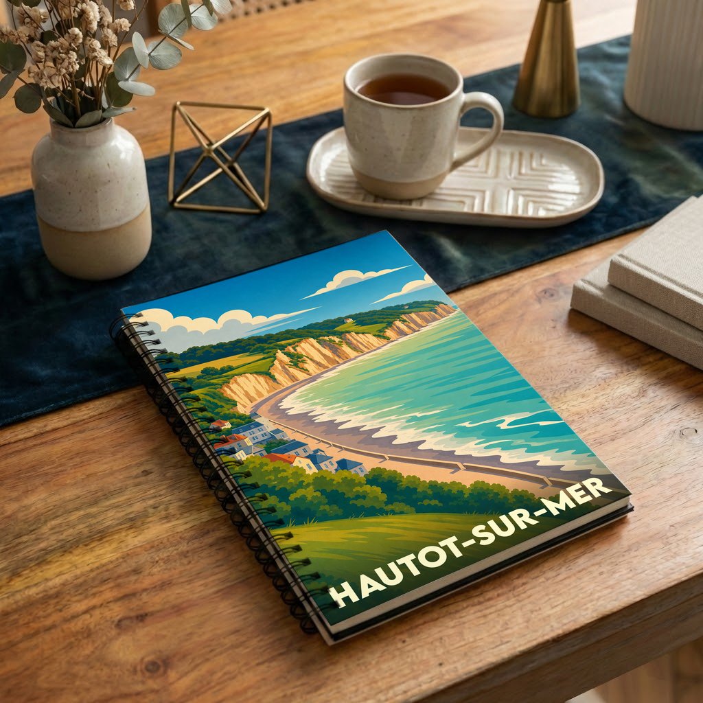 Carnet à spirales souvenir de la ville de Hautot-sur-Mer avec une illustration stylisée de son littoral.