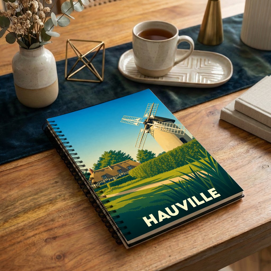 Carnet souvenir de la ville de Hauville avec une illustration stylisée d'un moulin.