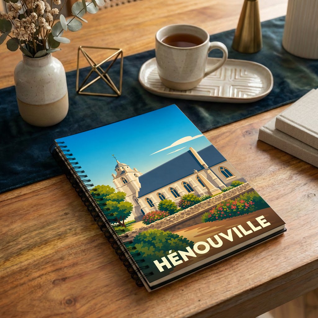 Carnet souvenir de la ville de Hénouville avec une illustration stylisée de son église.