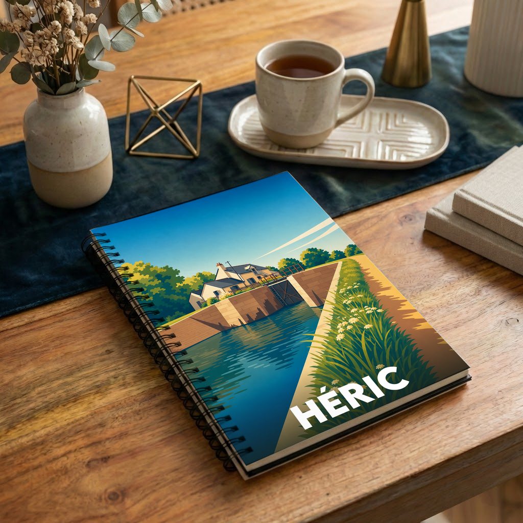 Carnet de notes à spirales avec une illustration stylisée du canal à Héric.