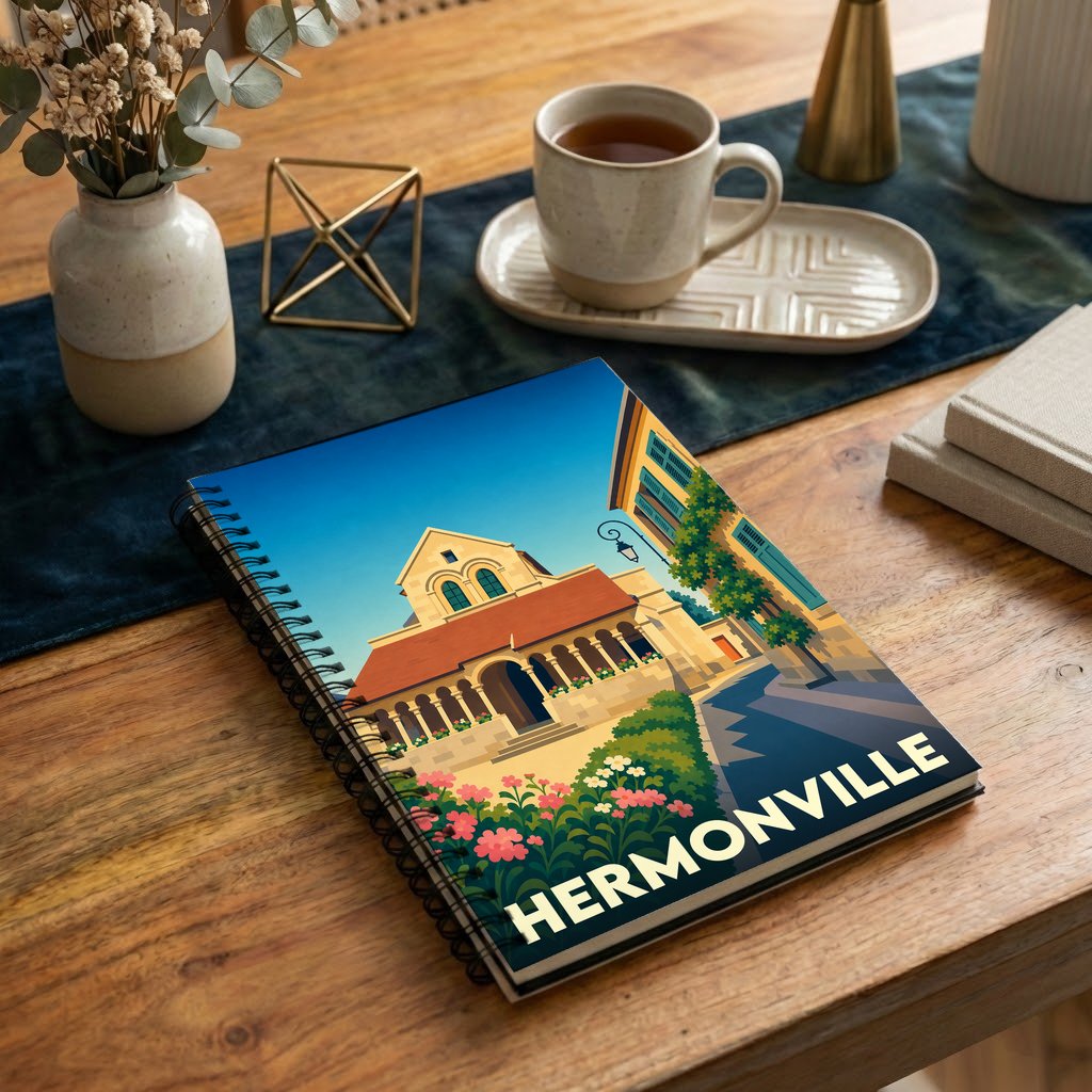 Carnet souvenir de la ville de Hermonville avec une illustration stylisée.