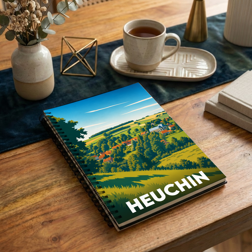 Carnet souvenir de la ville de Heuchin avec une illustration de paysage stylisée.