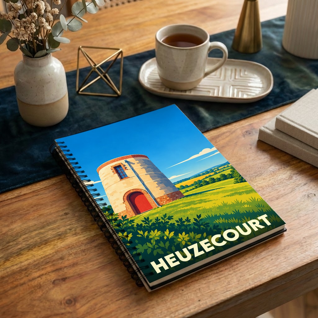 Carnet à spirales souvenir de la ville de Heuzecourt avec une illustration stylisée de son moulin.