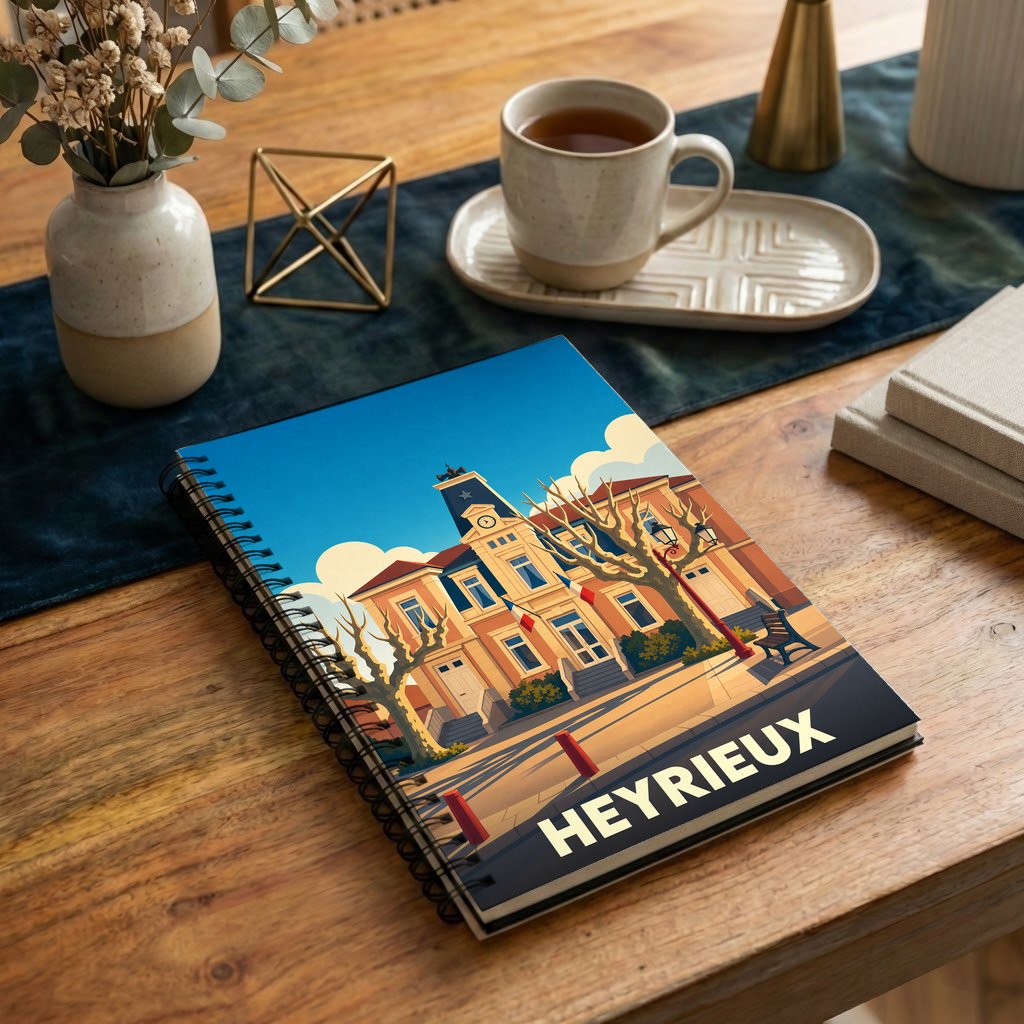 Carnet à spirales souvenir de la ville de Heyrieux avec une illustration stylisée de son hôtel de ville.