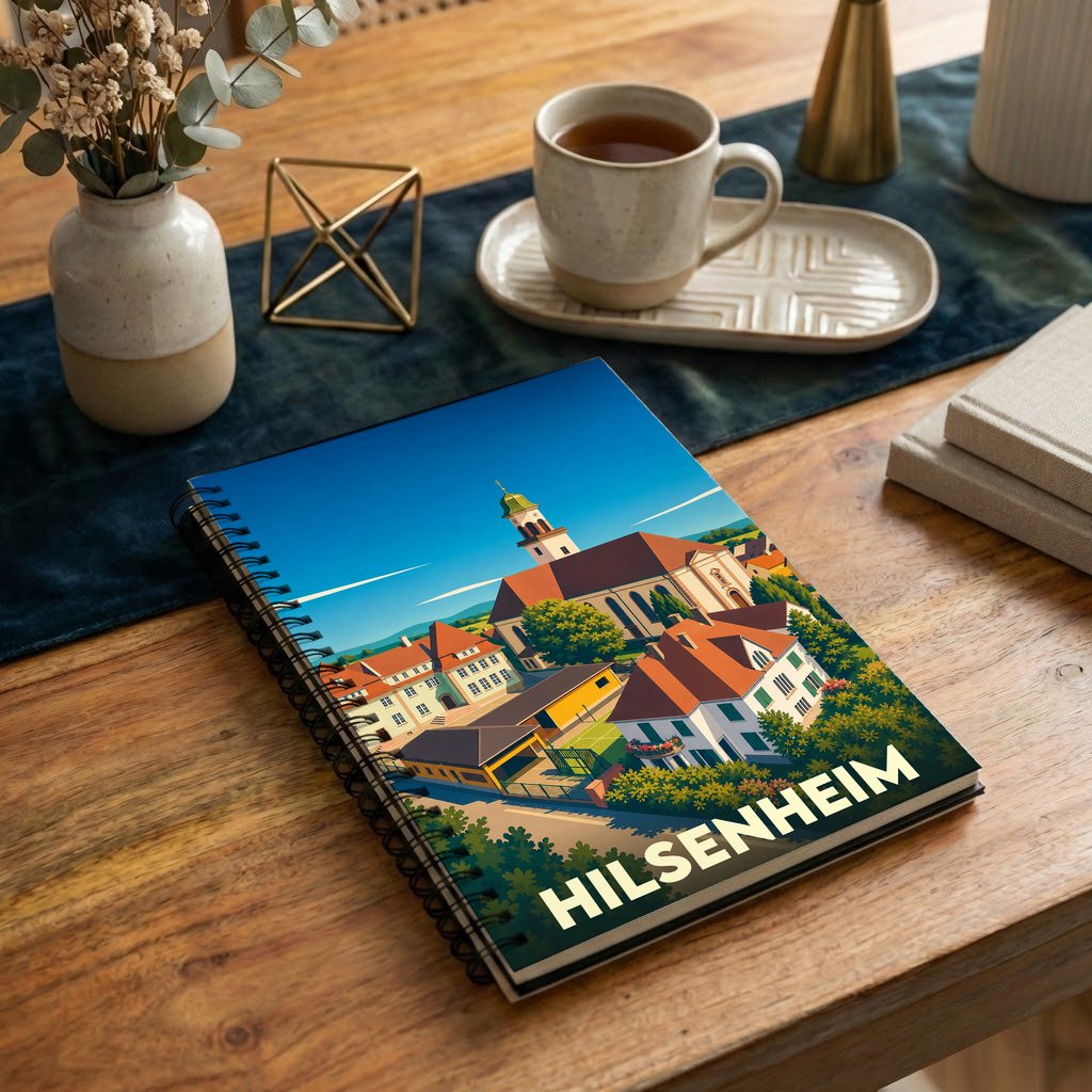Carnet à spirales souvenir de la ville de Hilsenheim avec une illustration stylisée.