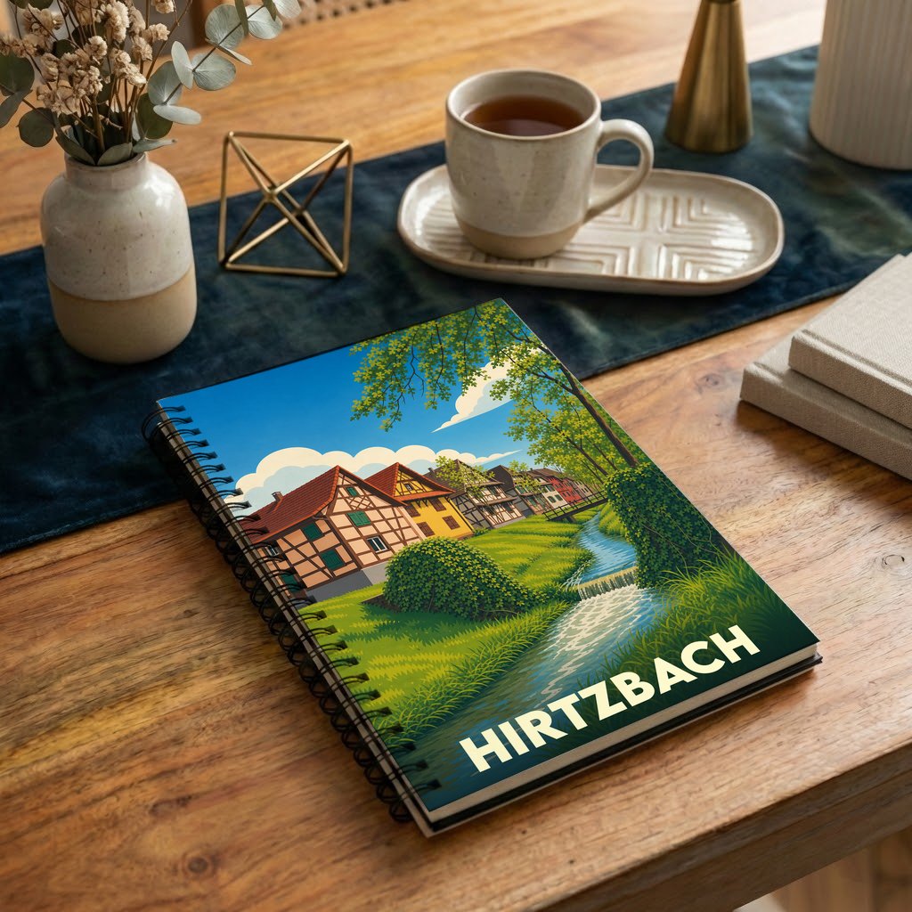 Carnet souvenir de la ville de Hirtzbach avec une illustration stylisée de maisons à colombages au bord d'un ruisseau.