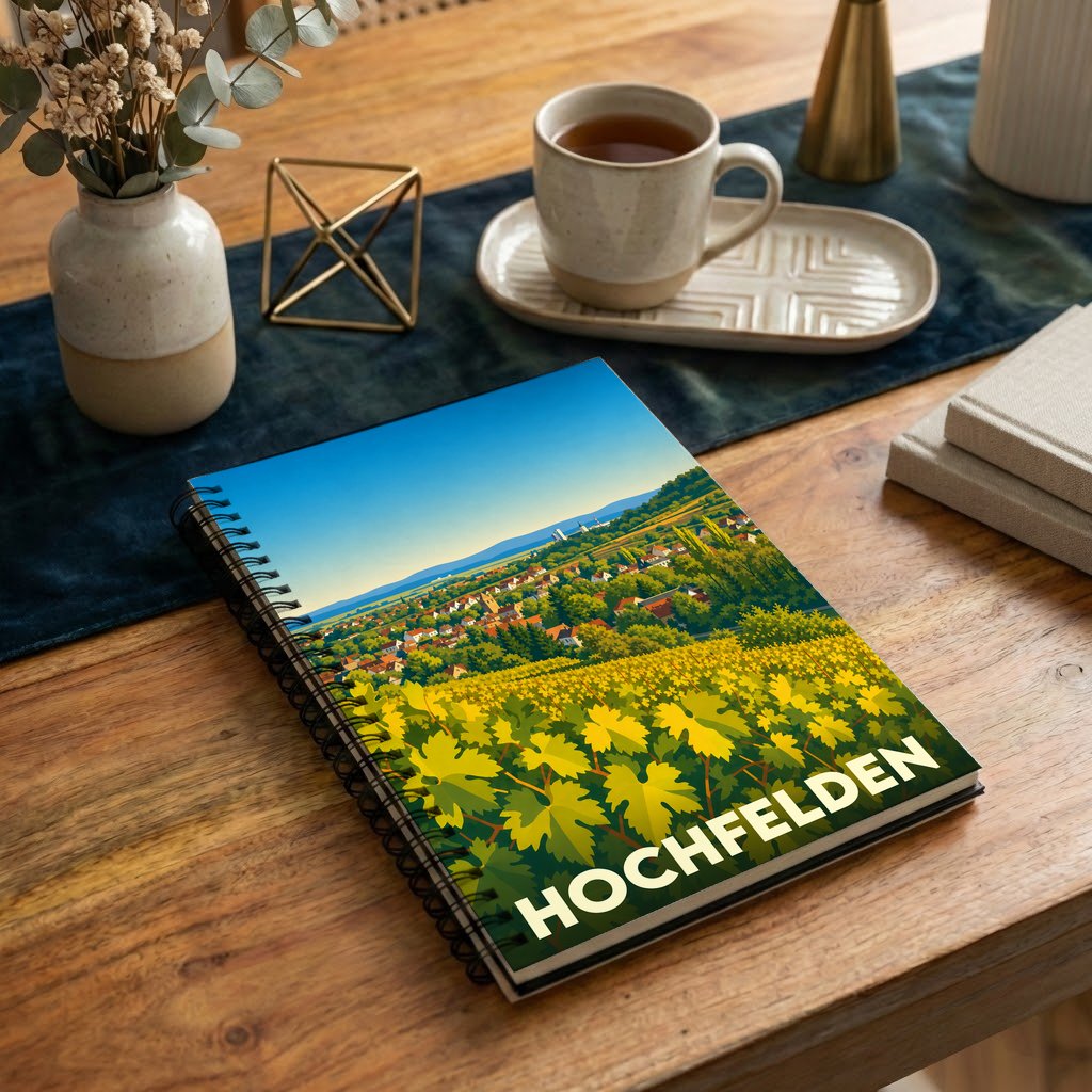 Carnet souvenir de la ville de Hochfelden avec une illustration stylisée de son paysage.