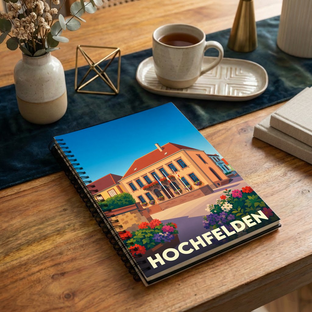 Carnet à spirales souvenir de la ville de Hochfelden avec une illustration stylisée de son architecture.