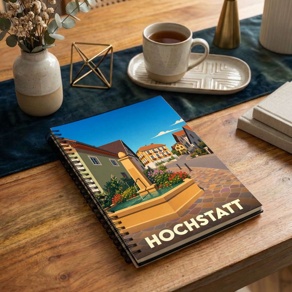 Carnet souvenir de la ville de Hochstatt avec une illustration stylisée d'une fontaine fleurie sur une place de village.