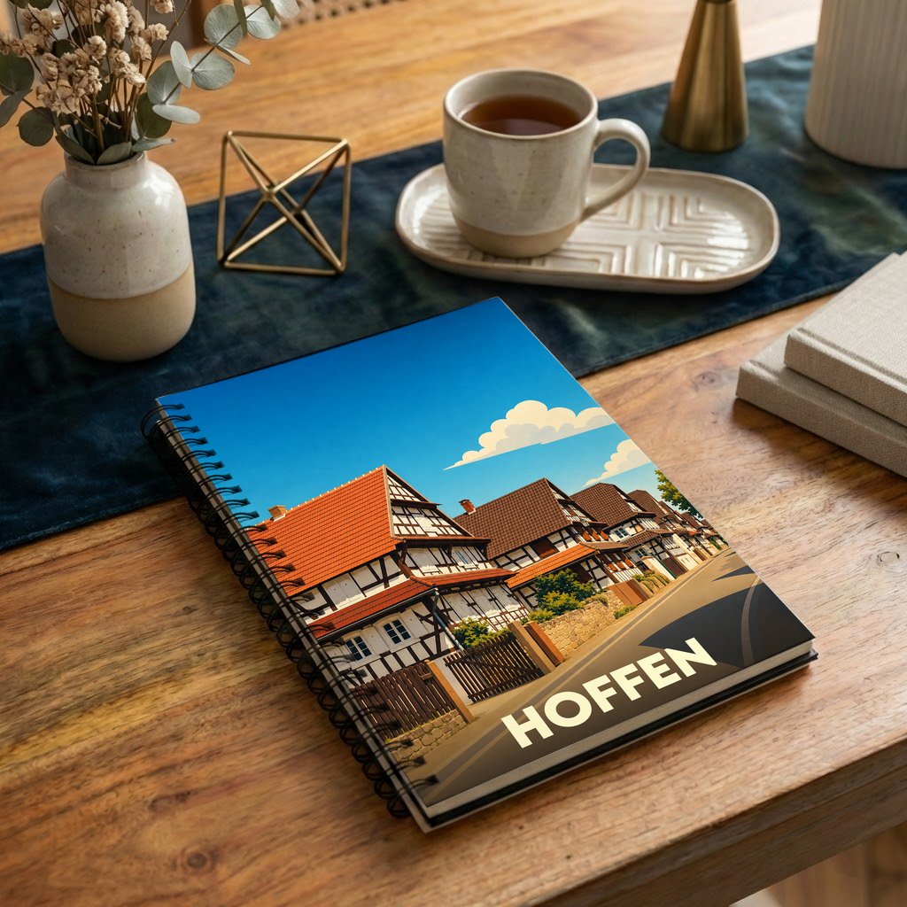 Carnet souvenir à spirale de la ville de Hoffen avec une illustration stylisée de maisons à colombages.