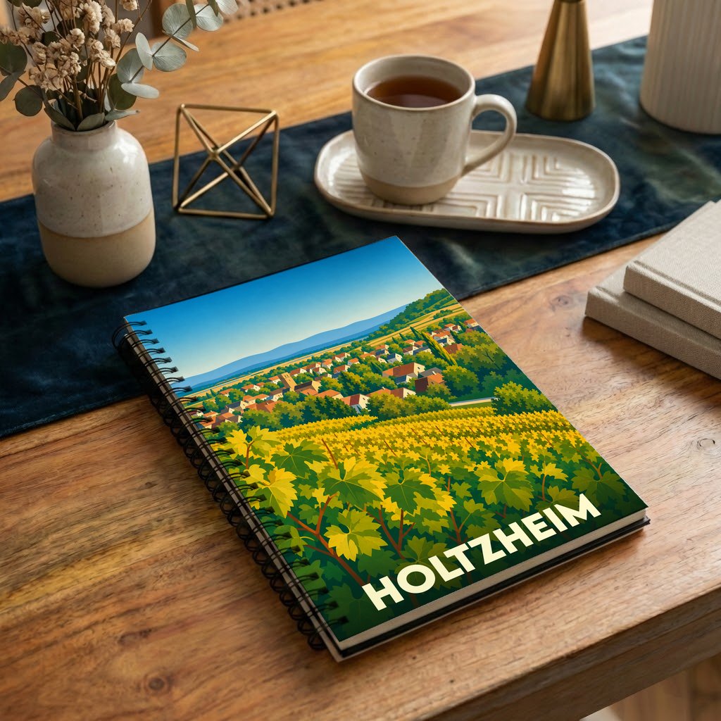 Carnet souvenir de la ville de Holtzheim avec une illustration stylisée de ses vignobles.