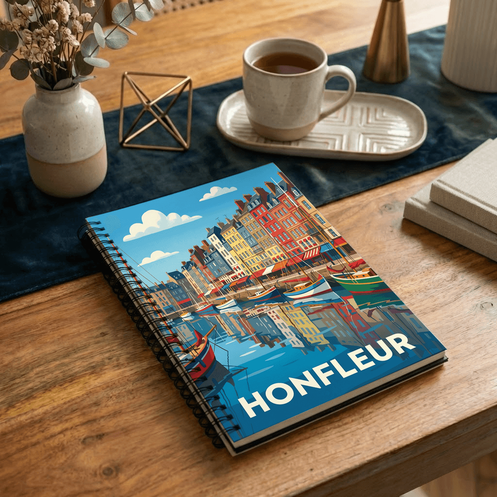 Carnet souvenir de la ville de Honfleur avec une illustration stylisée de son port.