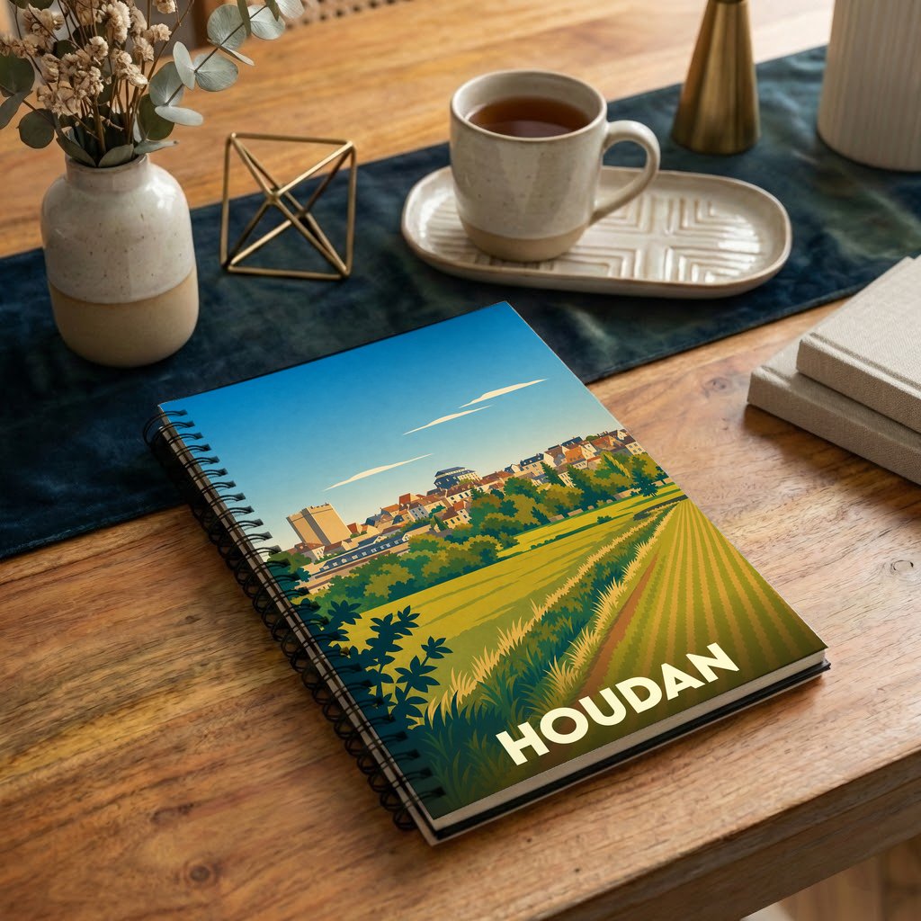 Carnet souvenir de la ville de Houdan avec une illustration stylisée de son paysage urbain et champêtre.