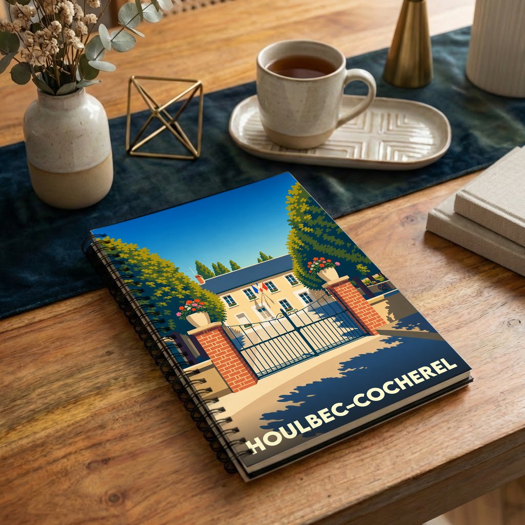 Carnet à spirales souvenir de la ville de Houlbec-Cocherel avec une illustration stylisée.