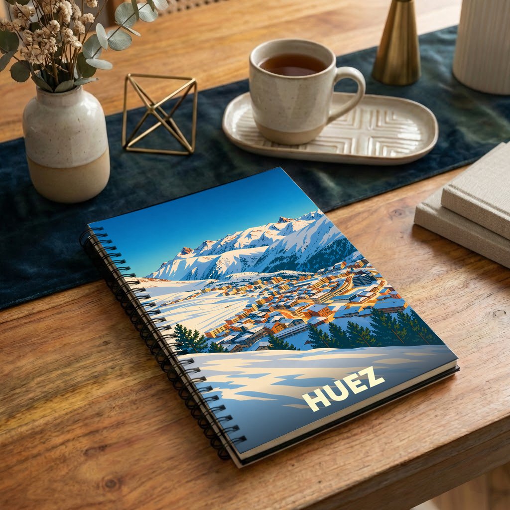 Carnet à spirales souvenir de la ville de Huez avec une illustration stylisée de la station de ski.