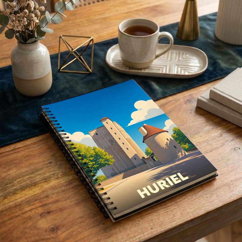Carnet à spirales souvenir de la ville de Huriel avec une illustration stylisée de son donjon.