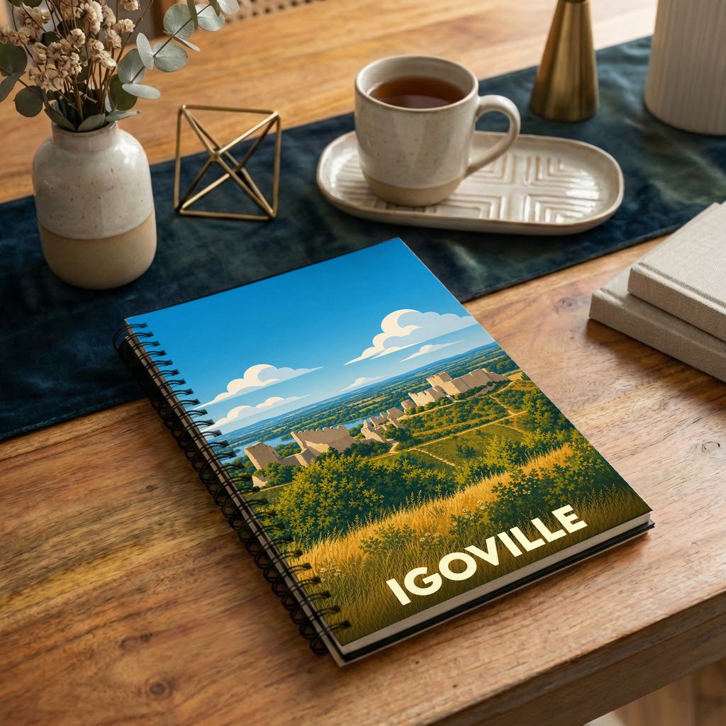 Carnet à spirales souvenir de la ville d'Igoville avec une illustration stylisée de son paysage et de ses remparts.