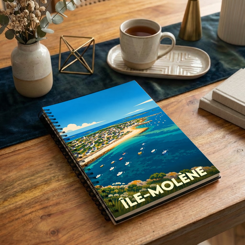Carnet à spirales souvenir de l'Île-Molène orné d'une illustration stylisée du port et du littoral.