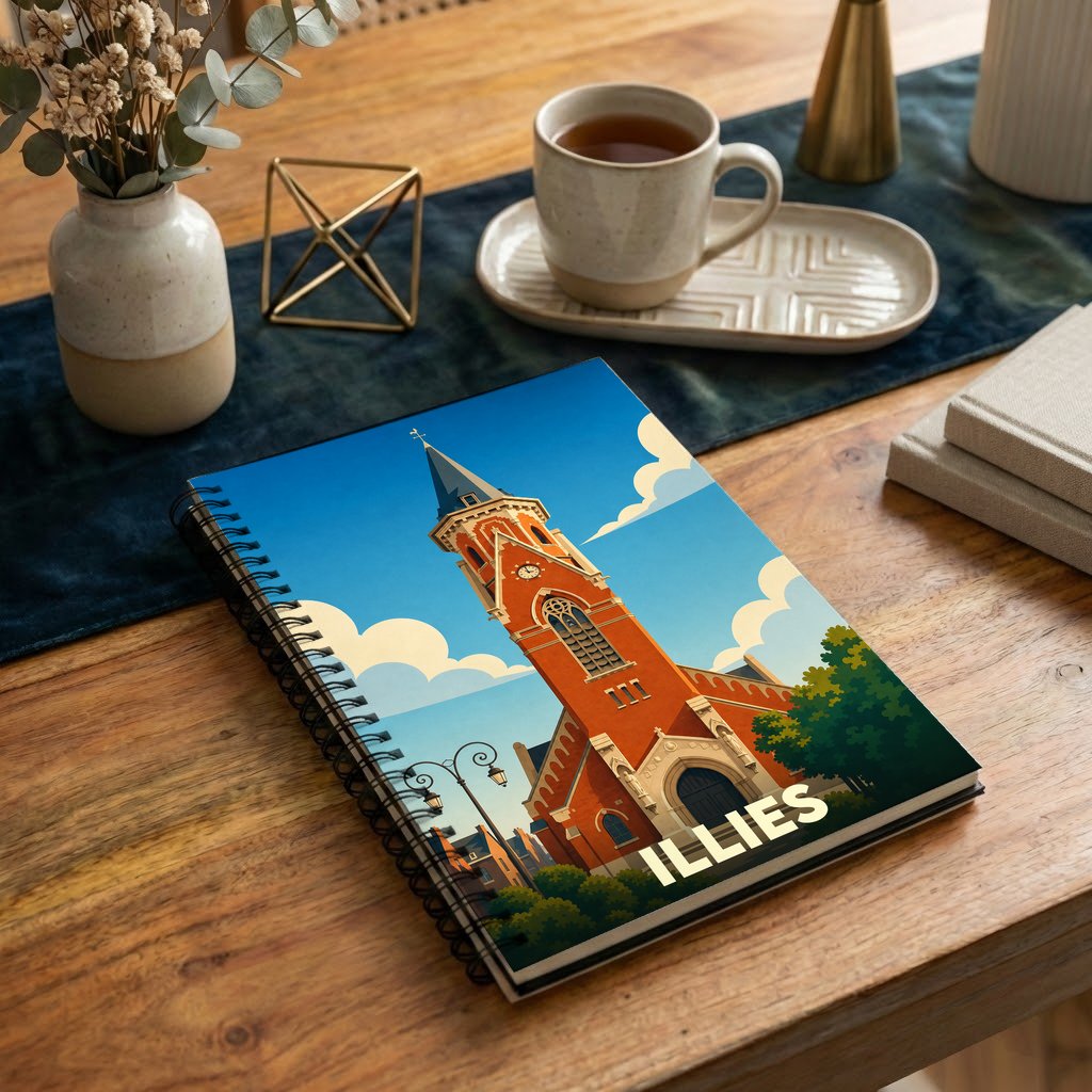 Carnet souvenir de la ville de Illies avec une illustration stylisée de son église.