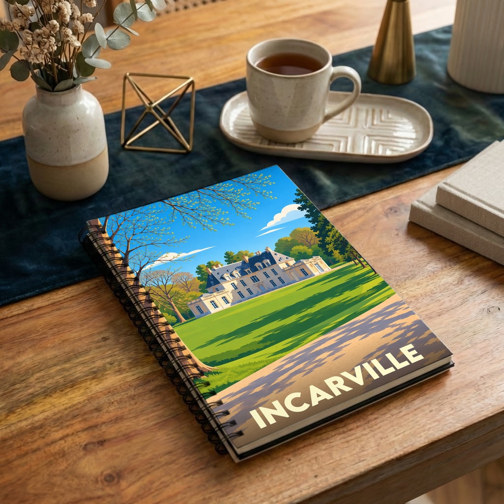 Carnet à spirales souvenir de la ville d'Incarville avec une illustration stylisée de son château.