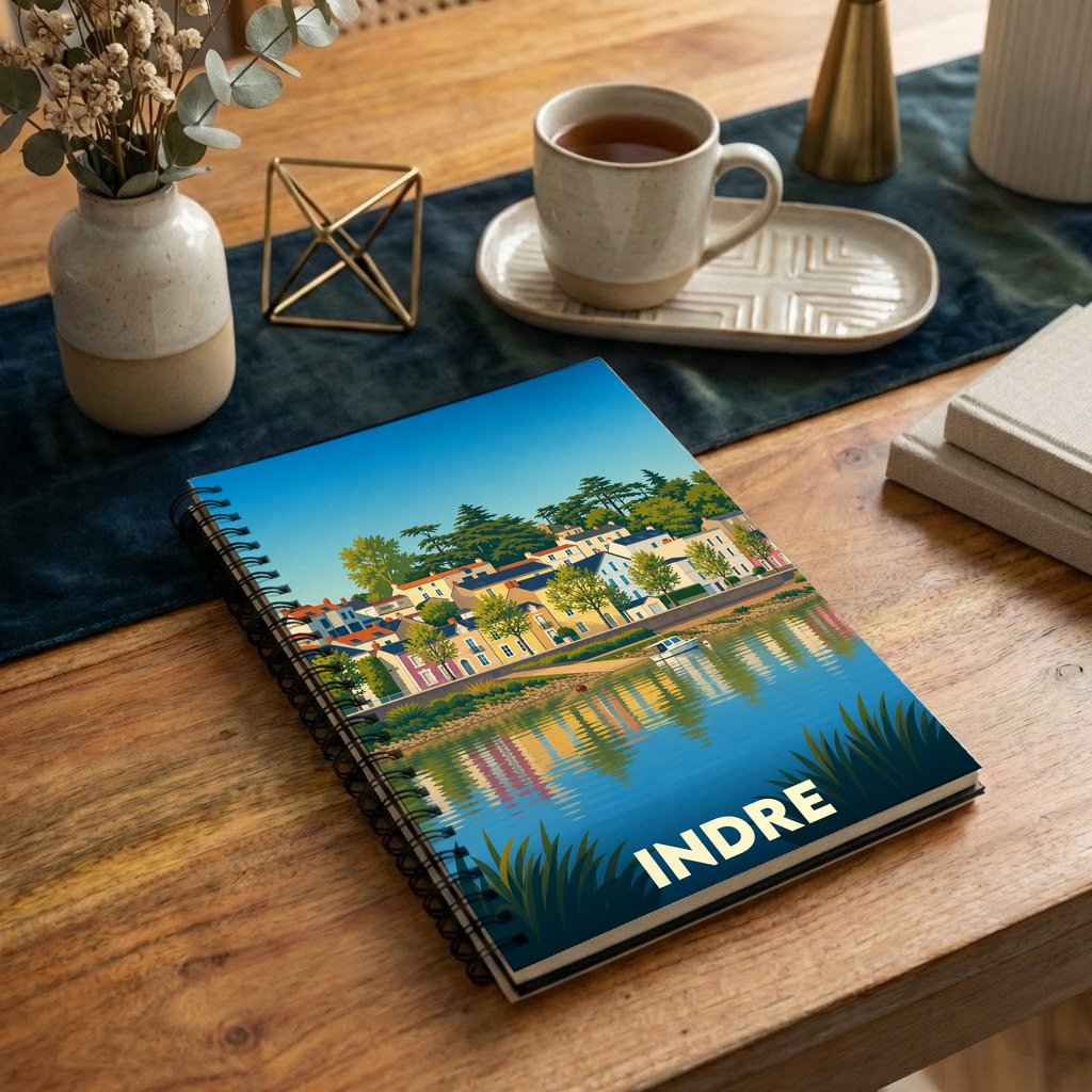 Carnet de notes souvenir de la ville de Indre avec une illustration stylisée des bords de Loire.