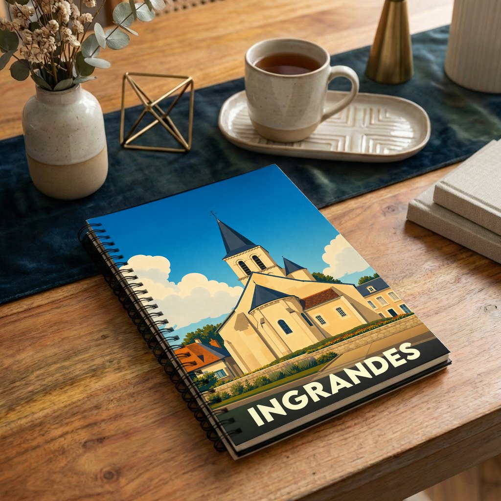 Carnet à spirales souvenir de la ville d'Ingrandes avec une illustration stylisée de son église.