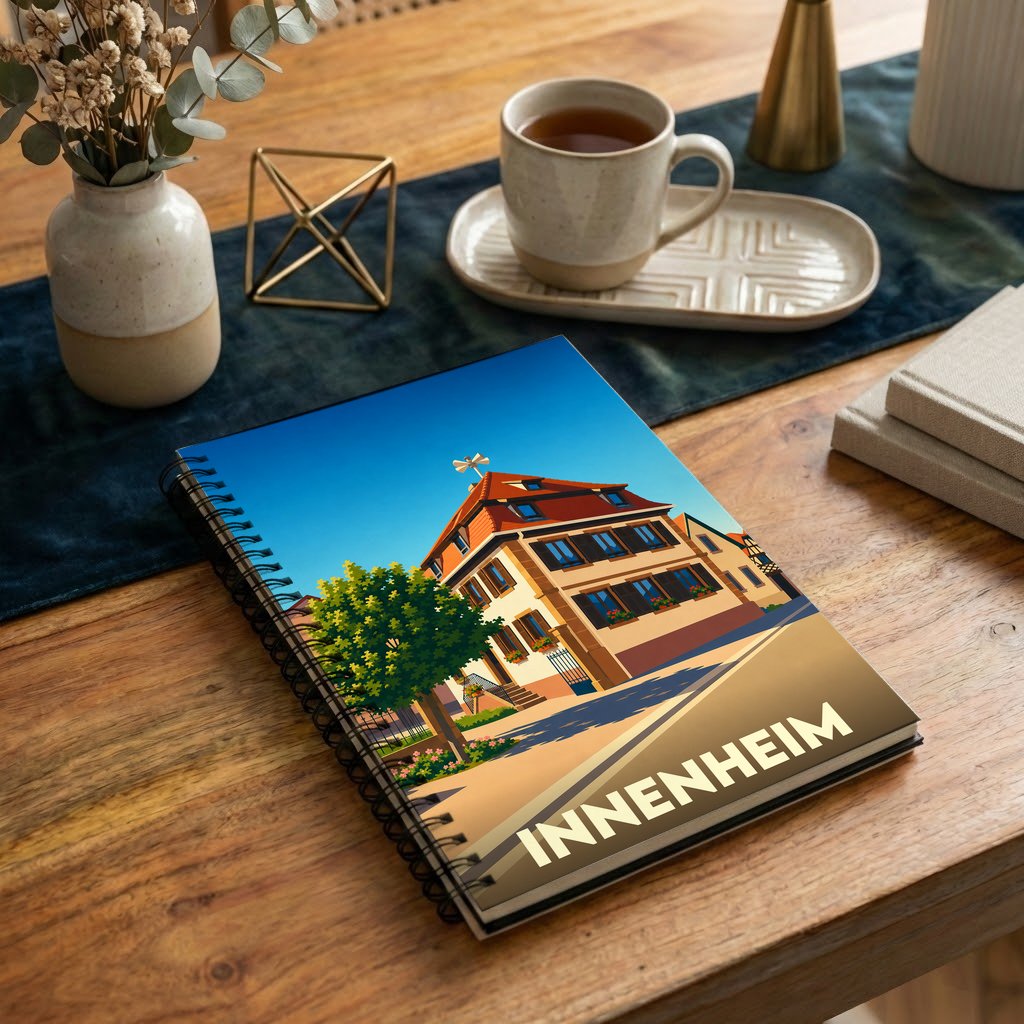 Carnet à spirales souvenir de la ville de Innenheim avec une illustration stylisée.