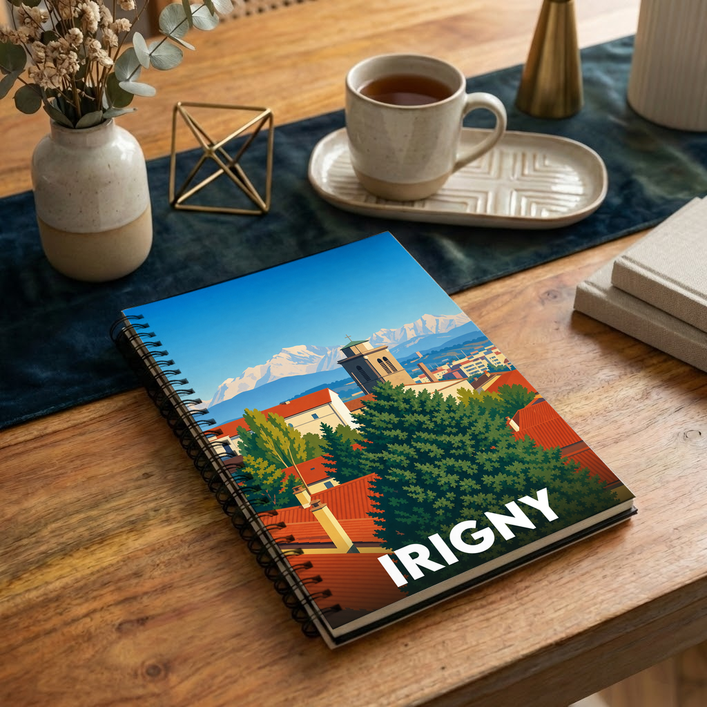 Carnet à spirales souvenir de la ville d'Irigny avec une illustration stylisée de ses toits et des montagnes.