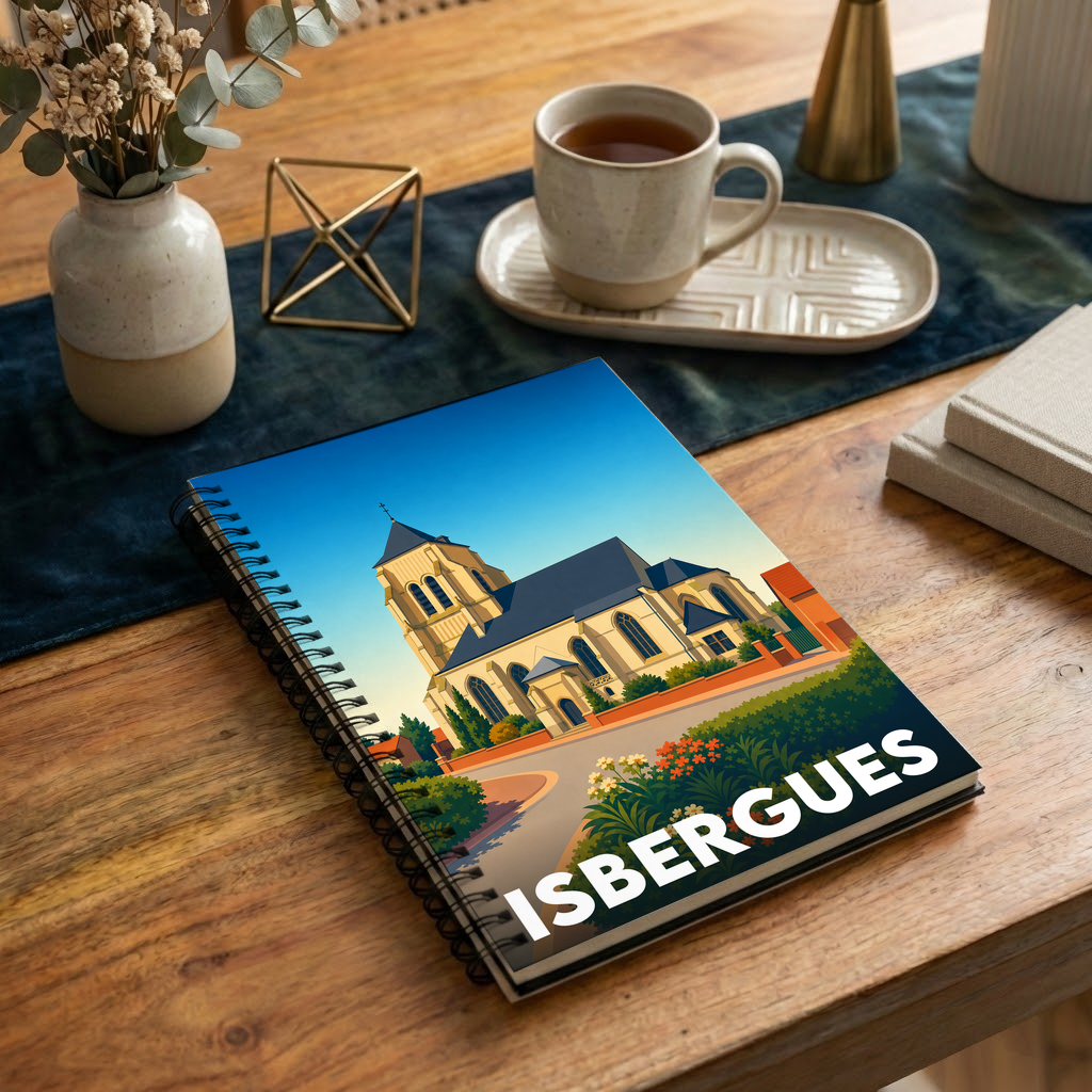 Carnet souvenir de la ville d'Isbergues avec une illustration stylisée de son église.