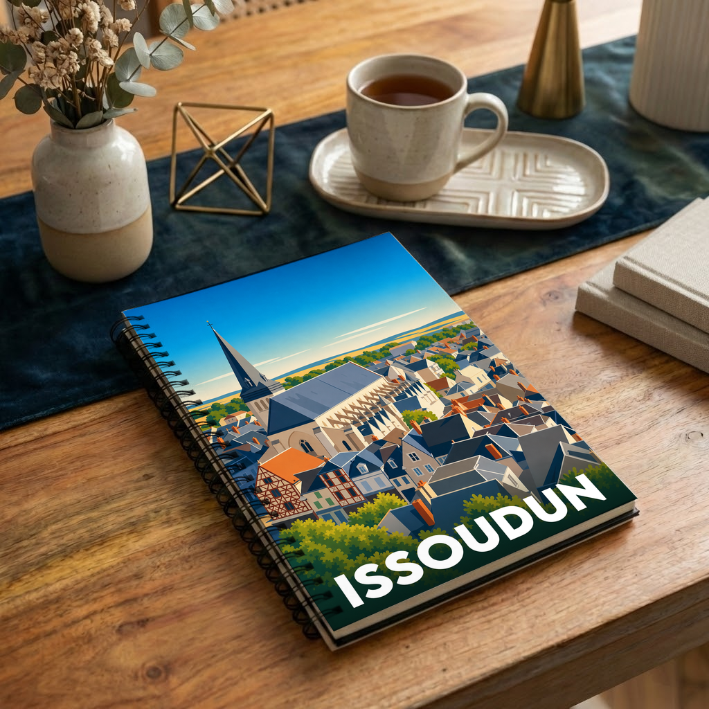 Carnet à spirale souvenir de la ville d'Issoudun avec une illustration stylisée de son centre historique.