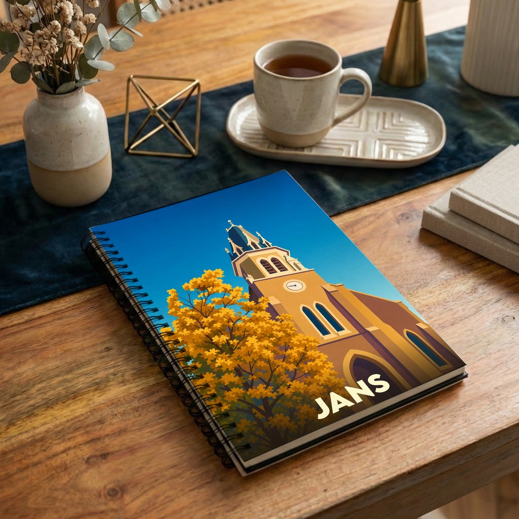 Carnet à spirales souvenir de la ville de Jans avec une illustration stylisée de son église en automne.