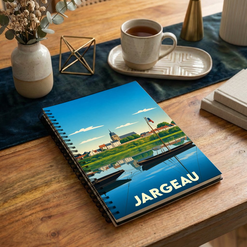 Carnet de notes à spirales souvenir de la ville de Jargeau avec une illustration stylisée des bords de Loire.