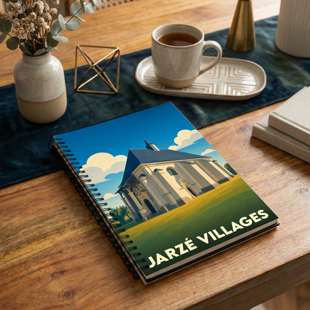 Carnet souvenir de la ville de Jarzé Villages avec une illustration stylisée de son église.