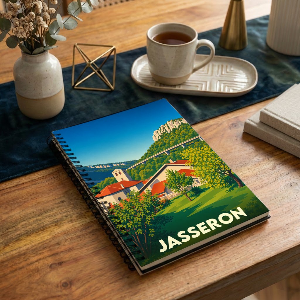 Carnet à spirales souvenir de la ville de Jasseron avec une illustration paysagère stylisée.