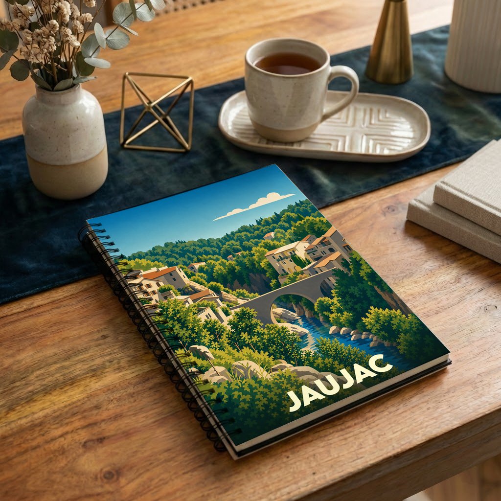 Carnet souvenir de la ville de Jaujac avec une illustration stylisée de son pont et de ses paysages.