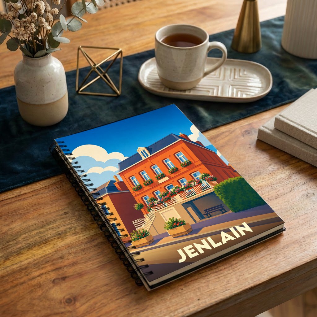 Carnet à spirales souvenir de la ville de Jenlain avec une illustration colorée et stylisée de son architecture.