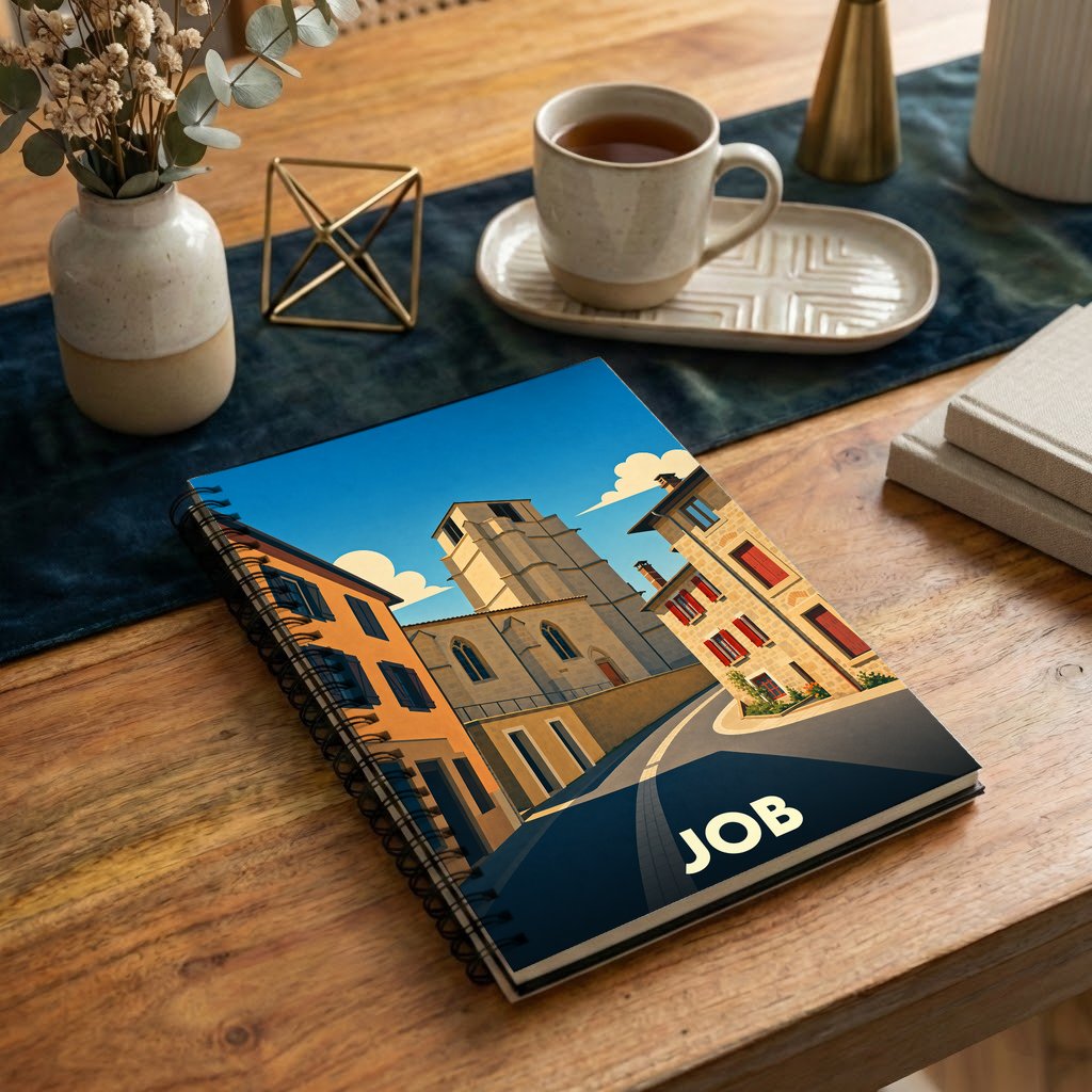 Carnet à spirales souvenir de la ville de Job avec une illustration stylisée d'un paysage urbain.